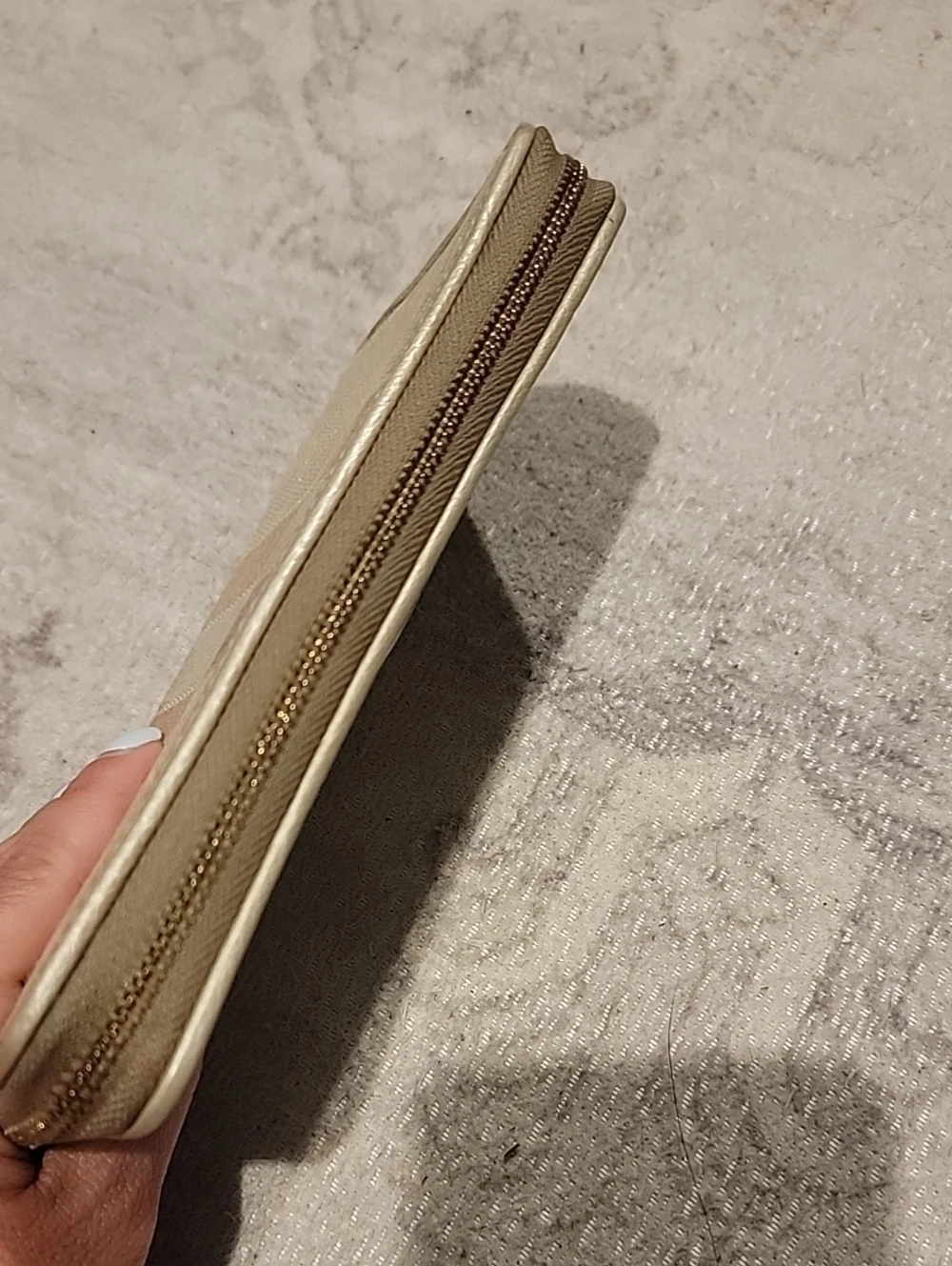 Coach Dempsey Beige and Pink Signature Zip Wallet With Leather Logo Patch